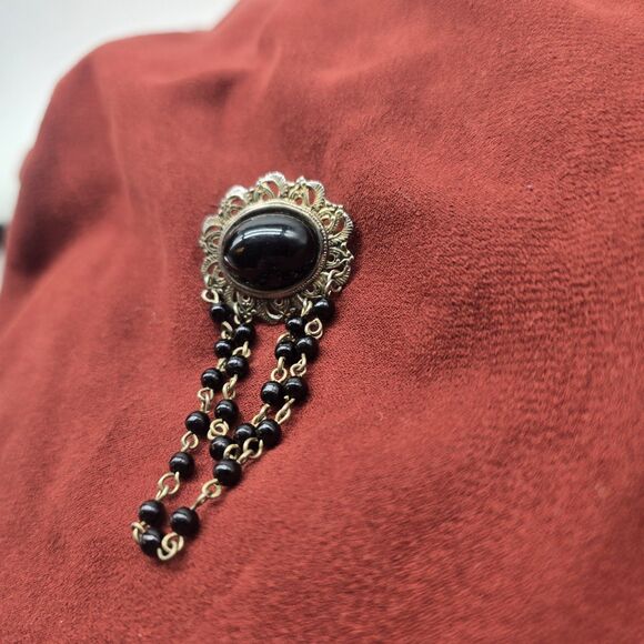 Vintage Victorian Revival Brooch Gold Tone Dangle Chain Beaded Black Stone Oval - Picture 3 of 5